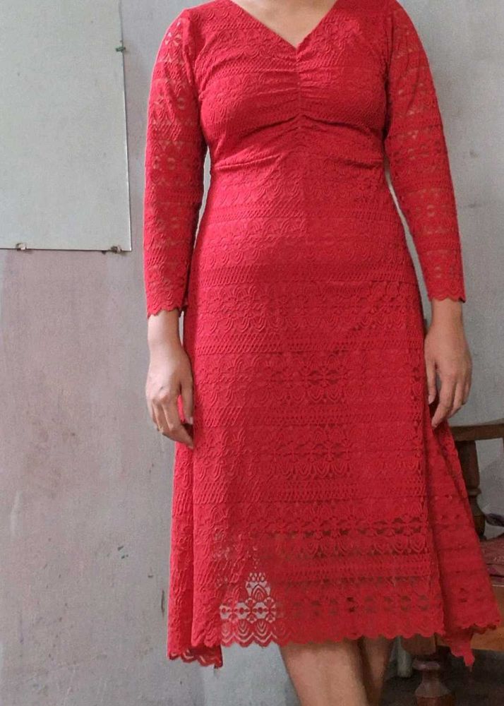 Red Lace Midi Dress