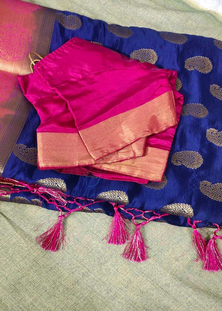 Elegant Blue &amp; Pink Saree with Blouse
