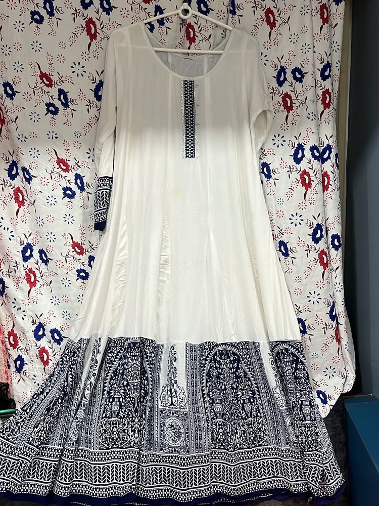 White N Blue Anarkali Kurta Dupatta