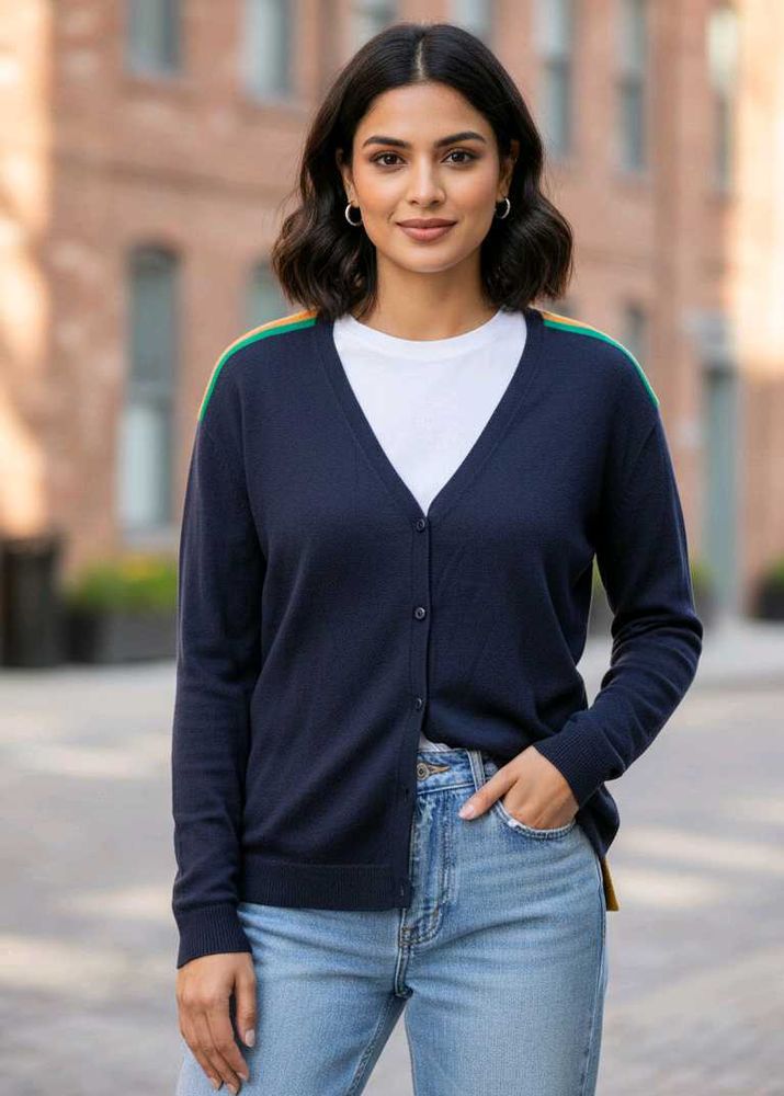 Imported Navy Cardigan with Striped Shoulders