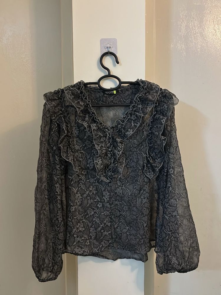 Gray Floral Ruffle Blouse
