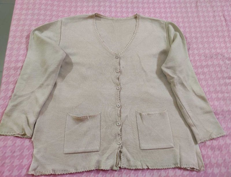 Beige Knit Cardigan with Pockets