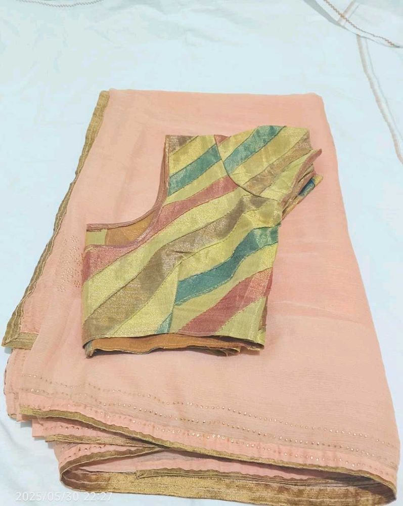 Peach Saree with Striped Blouse