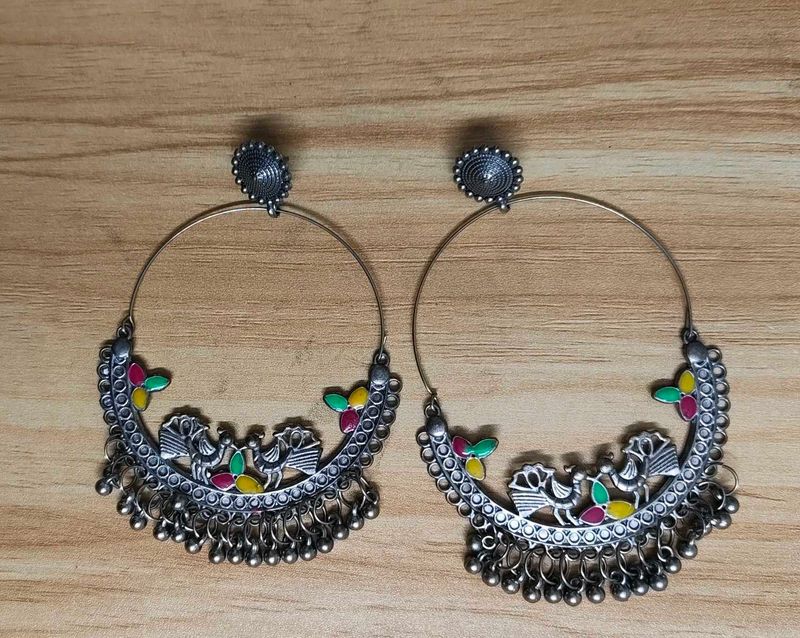Silver Oxidised Ethnic Peacock Earrings