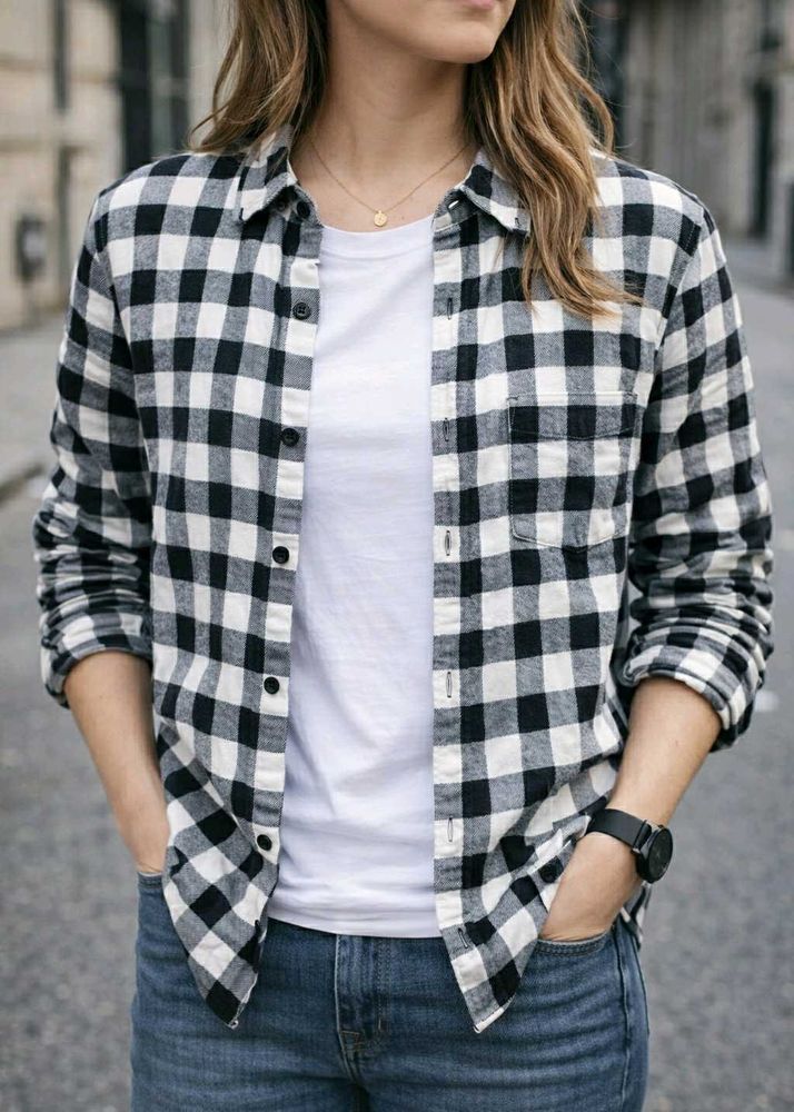 Black &amp; White Plaid Flannel Shirt