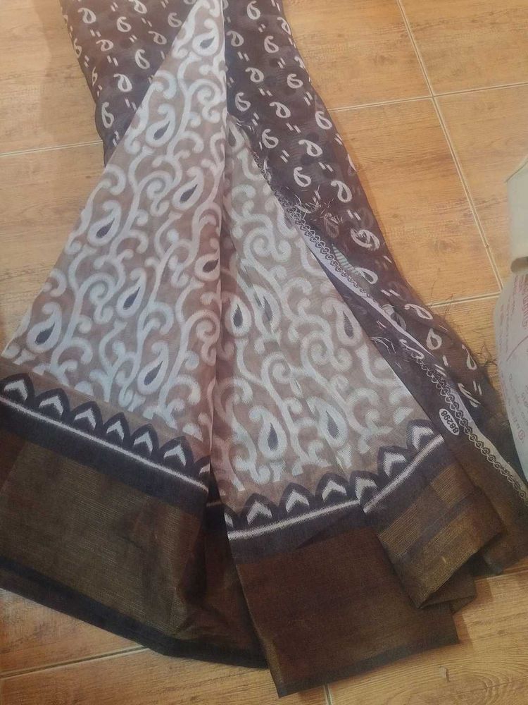 Elegant Brown &amp; White Saree