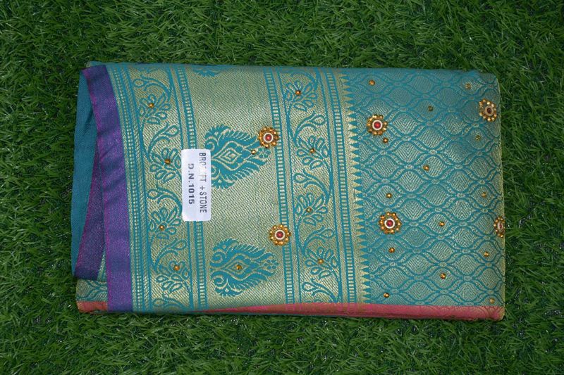 Teal &amp; Gold Embroidered Kanjivaram Saree