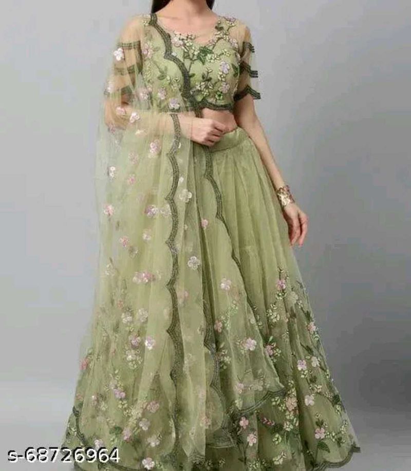 Women&#39;s Net  Embroided Frill Unstitched Lehenga