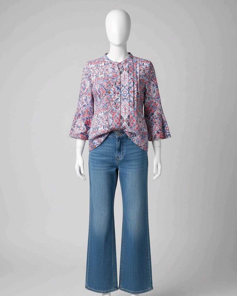 Patterned Top with Flared Sleeves