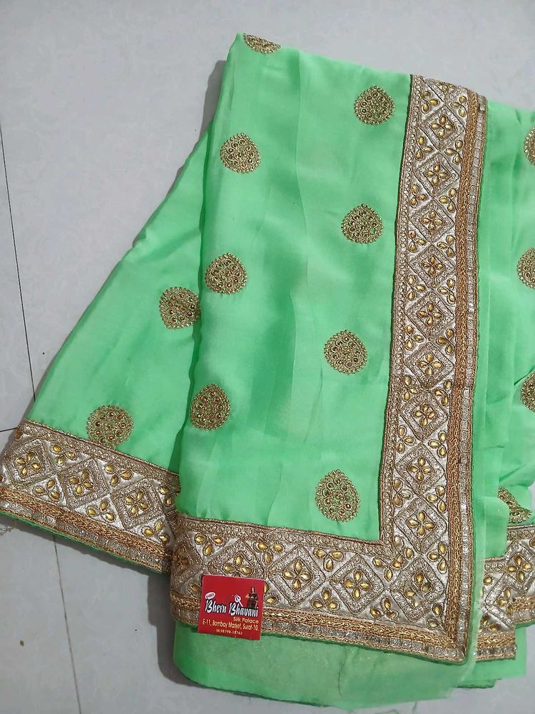 Mint Green Embroidered Saree