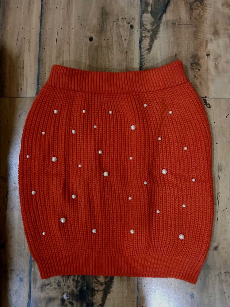 Red Pearl Knit Mini Skirt