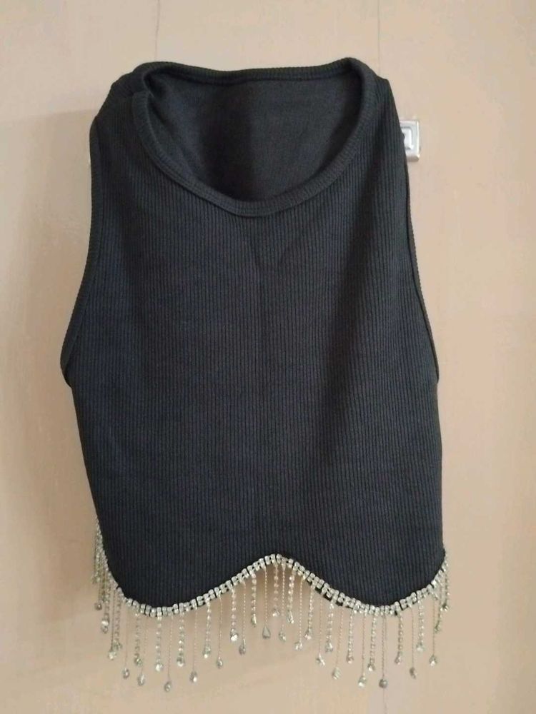 Black Beaded Crop Top