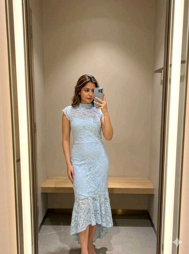 Elegant Light Blue Lace fish cut Dress