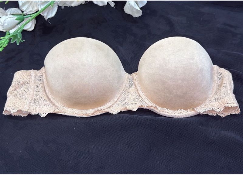 Beige Strapless Bra with Lace Details
