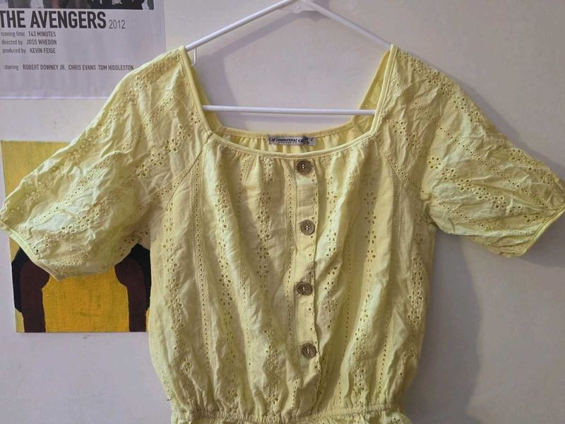 Yellow Eyelet Button-Down Top