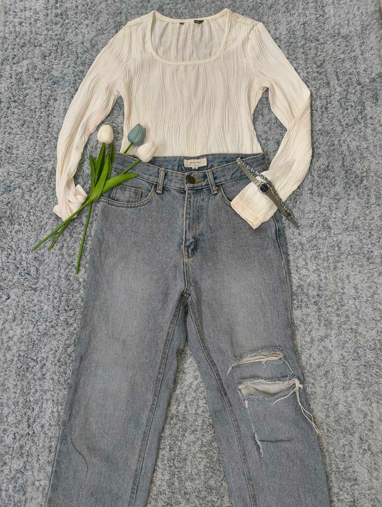 Blue Ribbed Straight Jeans