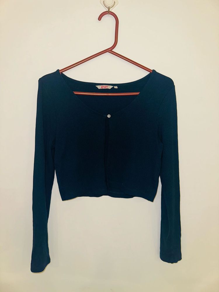 Ginger Navy Blue Ribbed Knit Cropped Top