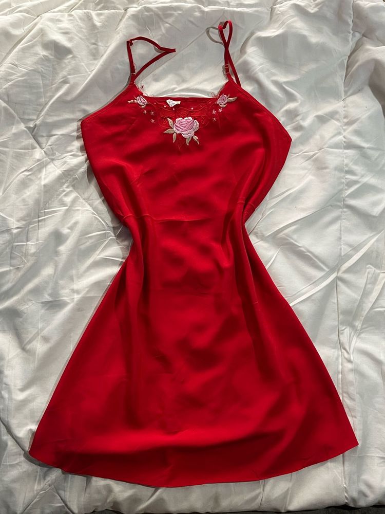 Red Embroidered Slip Dress