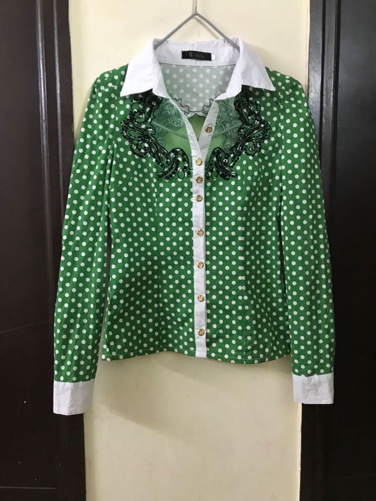 Green Polka Dot  Shirt Bust 32(very Stretchy )