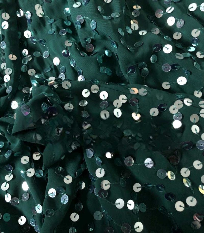 Green sequins work net fabric