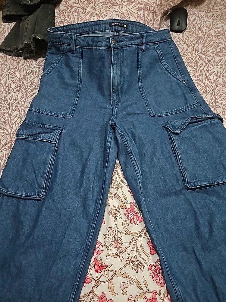 Wide Leg Denim Cargo Pants