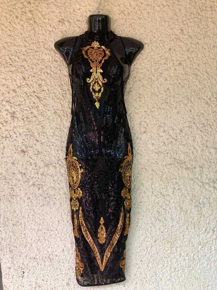SEQUINED HALTER MESH GOWN