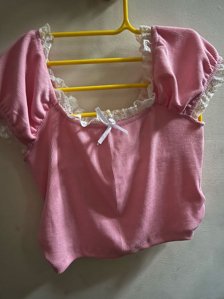 Pink Ribbed Lace Trim Top