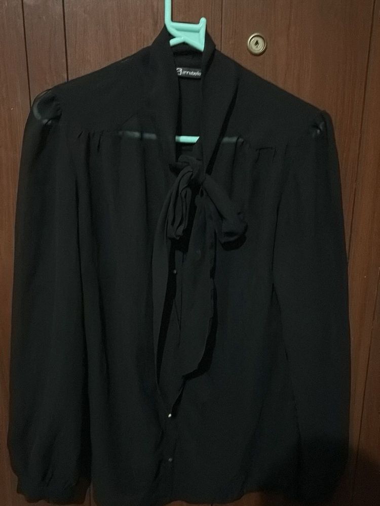 Elegant Black Tie-Neck Blouse