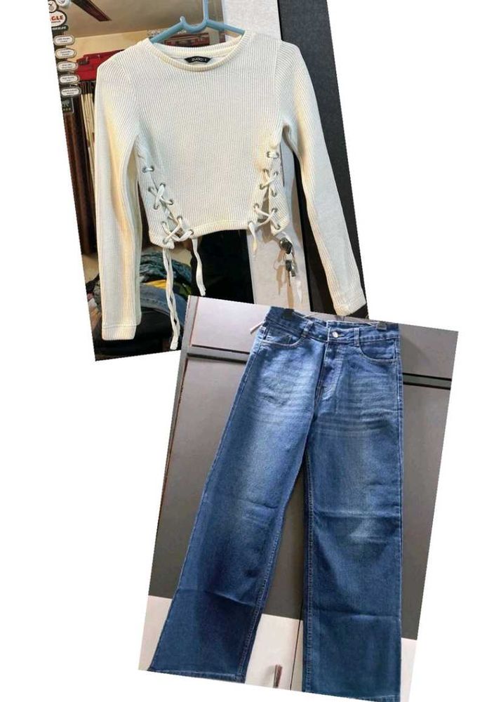 Ribbed Lace-Up Top &amp; Wide Leg Jeans