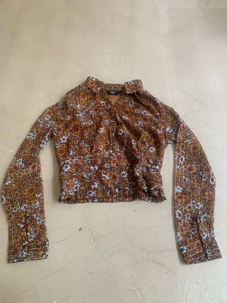 Brown Floral Snatched-Waist Blouse