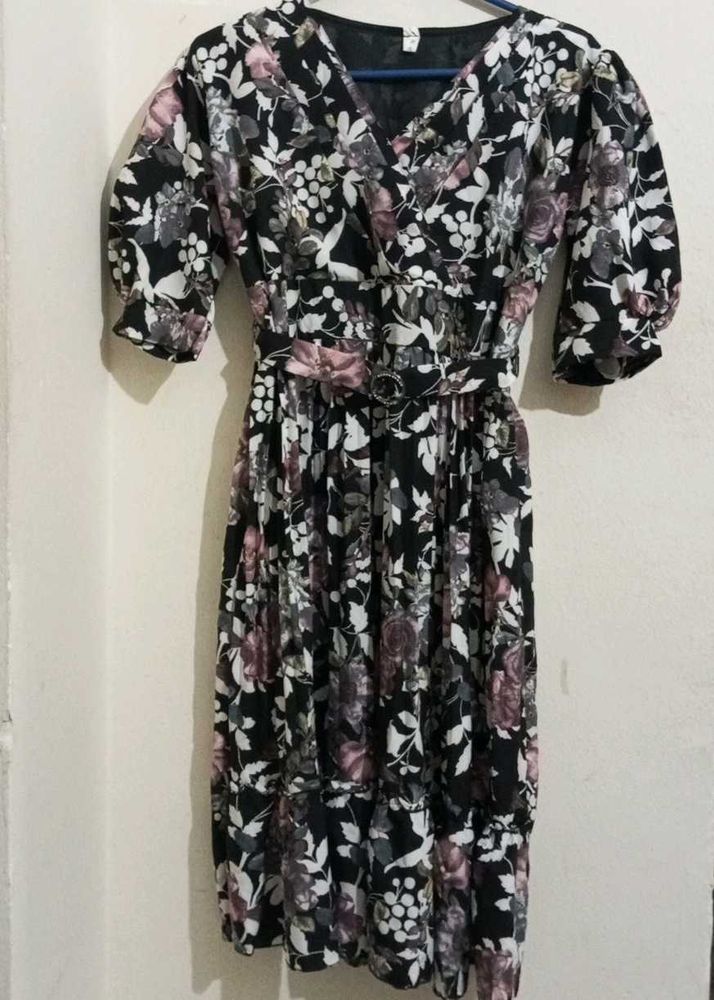 Floral Print  Balloon Sleeves Midi Dress