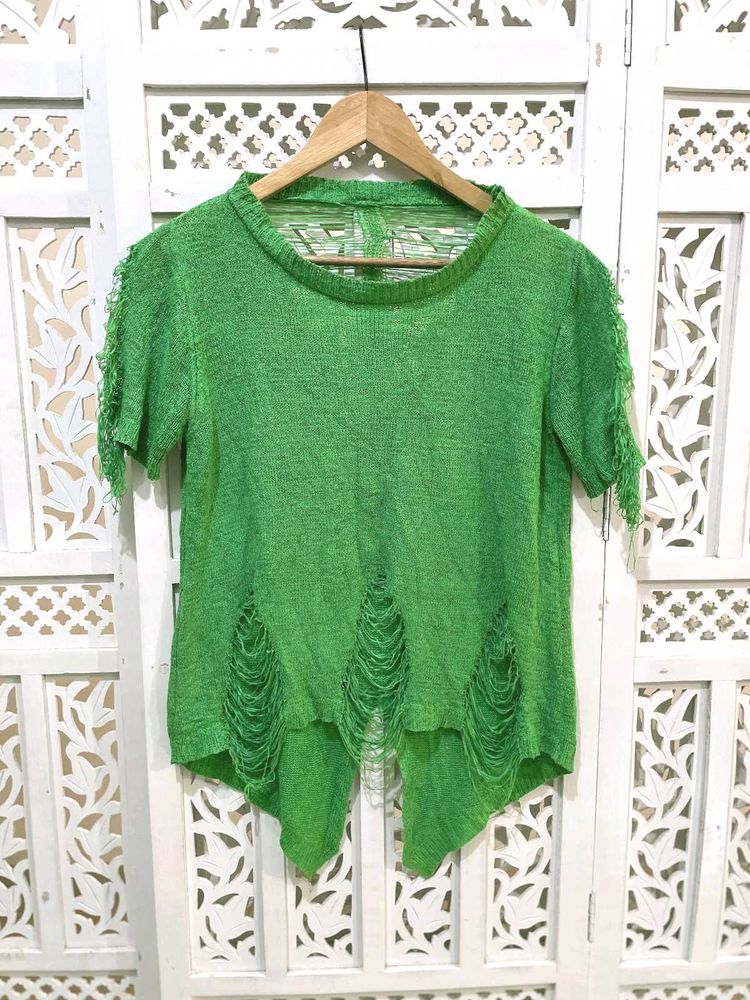 Trendy Green Distressed Knit Top B