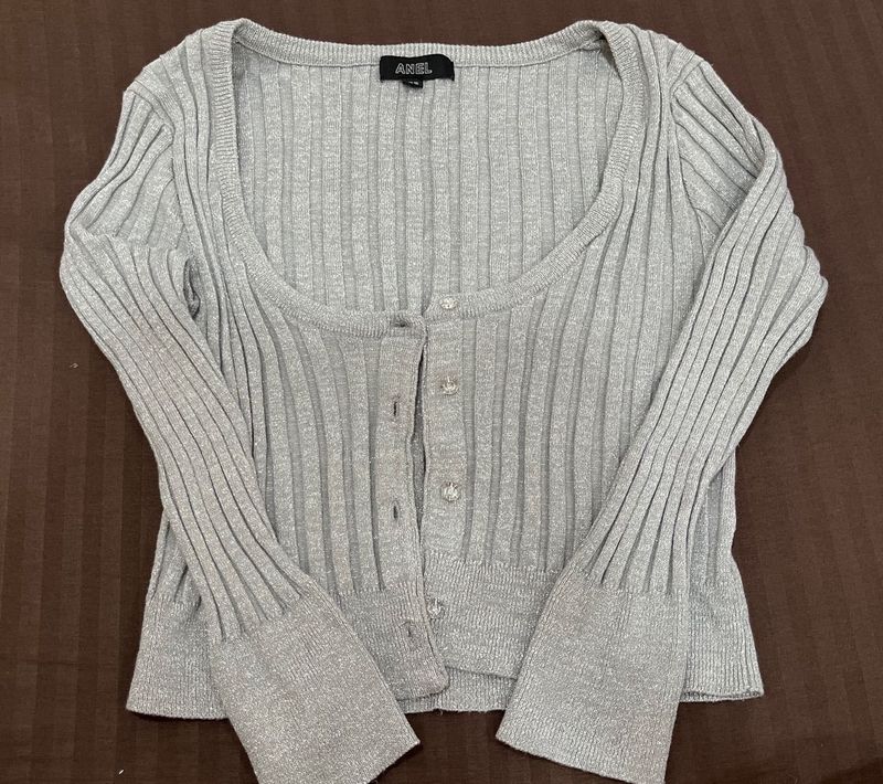 Stylish Glittery Silver Ribbed Knit Cardigan