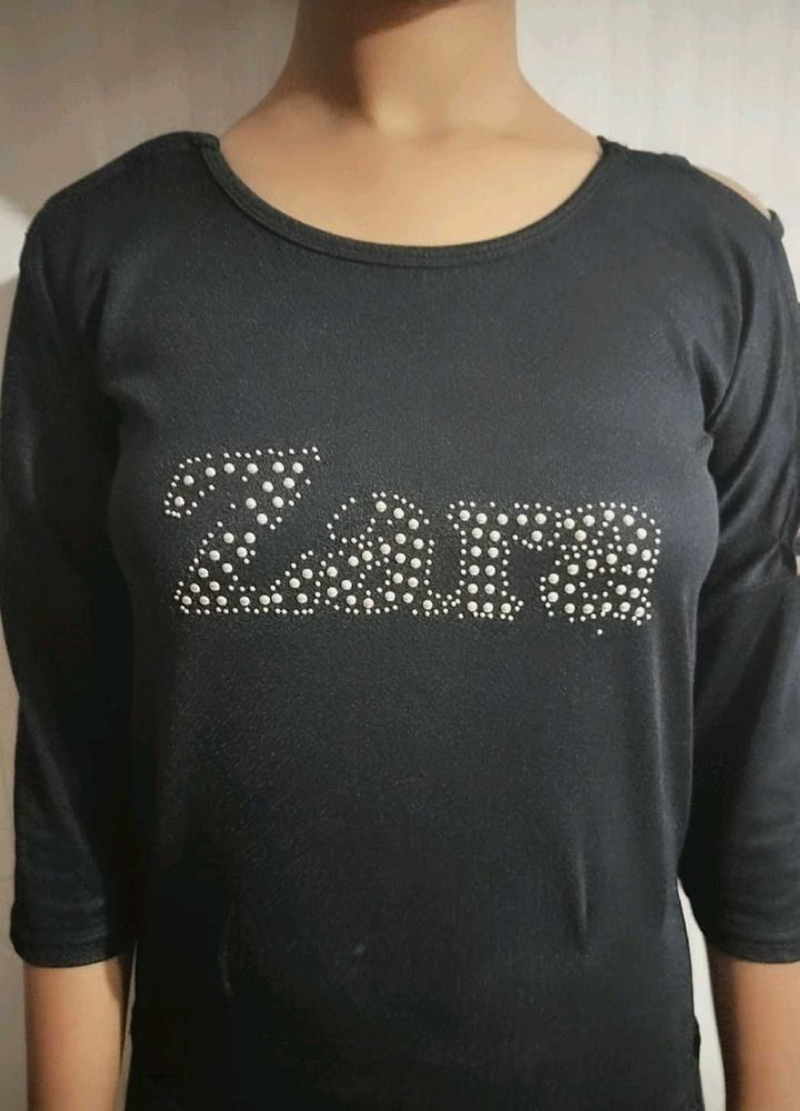 Zara Black Cold Shoulder Rhinestone Top