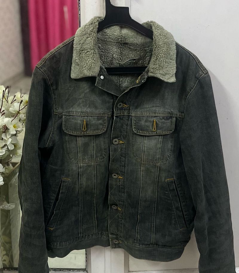 Denim Jacket with Fur Collar