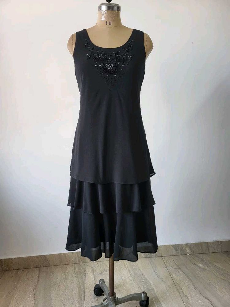 Black Beaded Tiered Dress