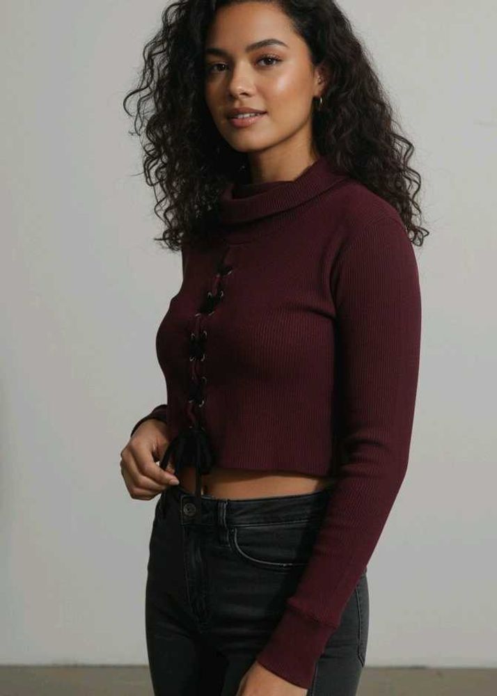 Turtle Neck Burgundy Lace-Up Crop Top Sweater