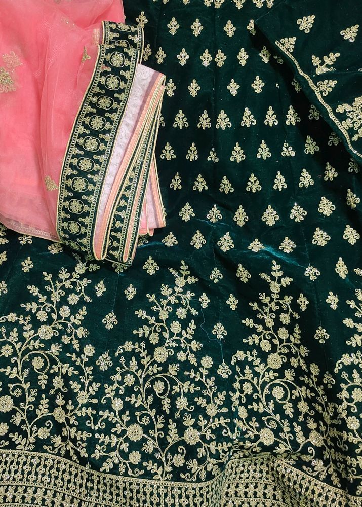 Emerald Green Velvet Lehenga