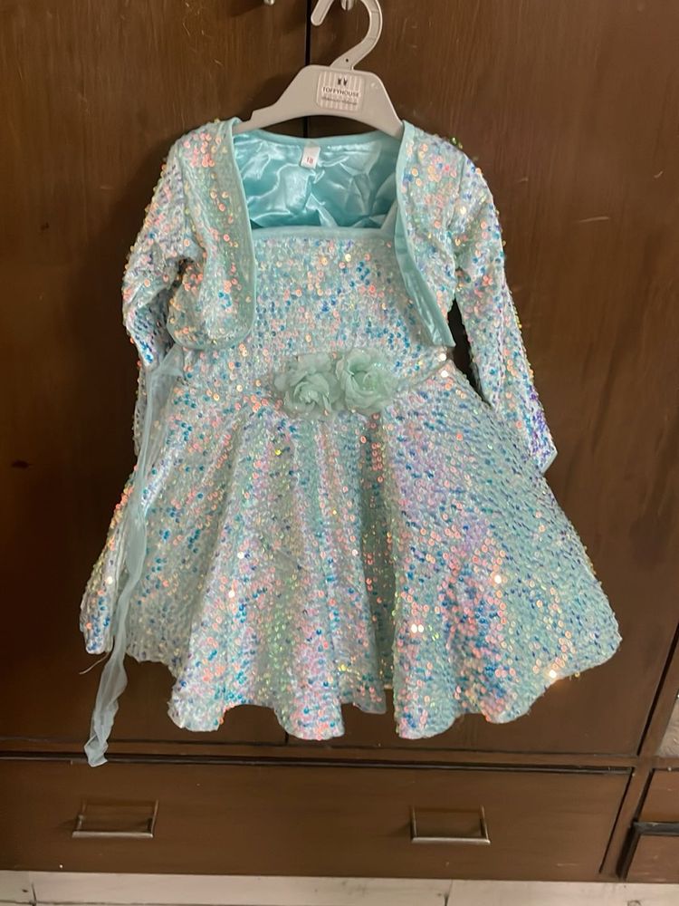 2 pc Beautiful Blue sequins Frock - Frozen Theme