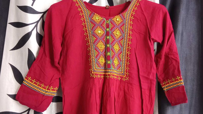 Red Embroidered short Kurti