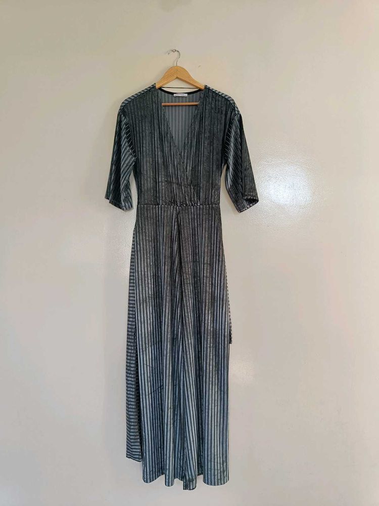 Zara Blue Gray Striped Velvet Wide Leg Jumpsuit