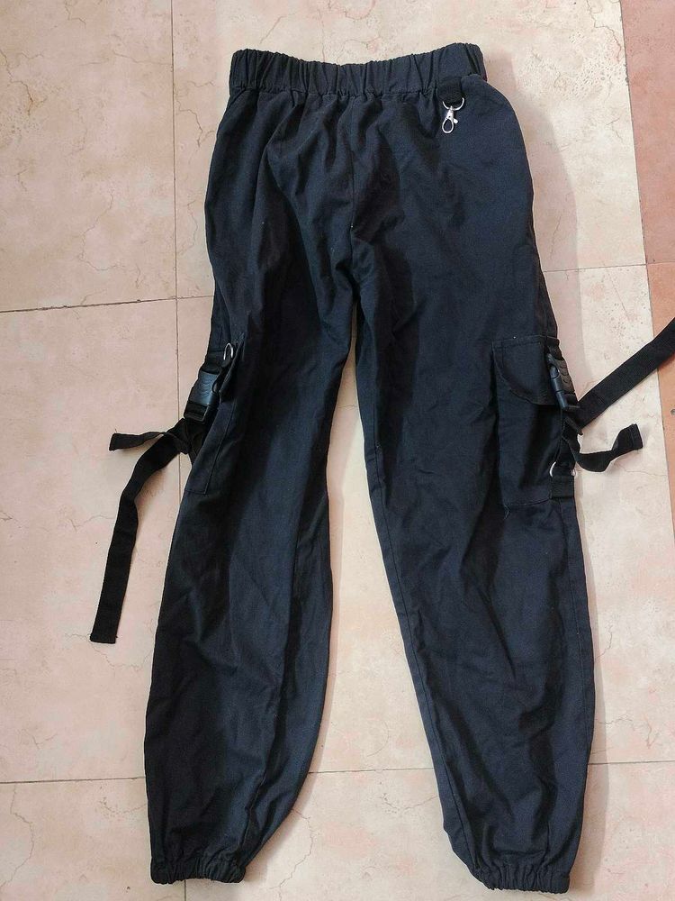 Black Cargo Pants with Buckle Detail