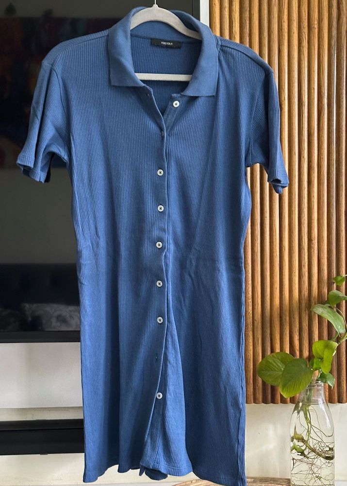 Blue Ribbed Shirt Dress, Size 34-36