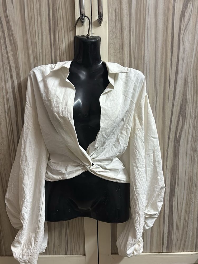 puffy sleeve White Twist Front crop Top