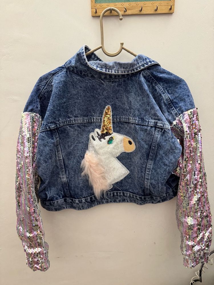 Unicorn Sequins Denim Crop Oversized Jacket