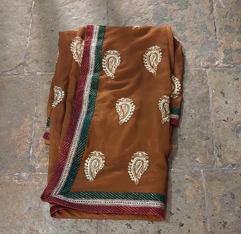 Elegant Brown Embroidered Saree