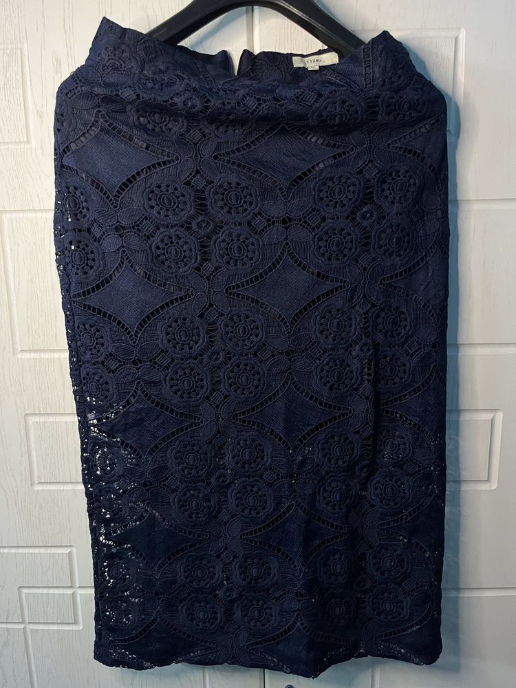 Navy Blue Lace Pencil Skirt