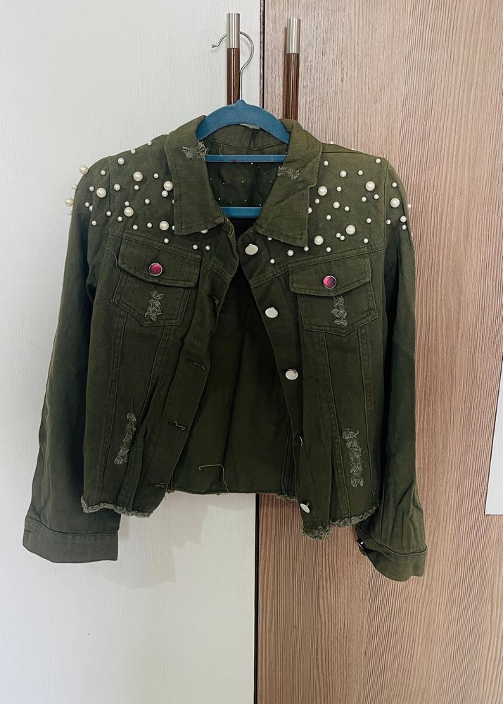 Perfectly Crafted With Pearls Denim Jacket