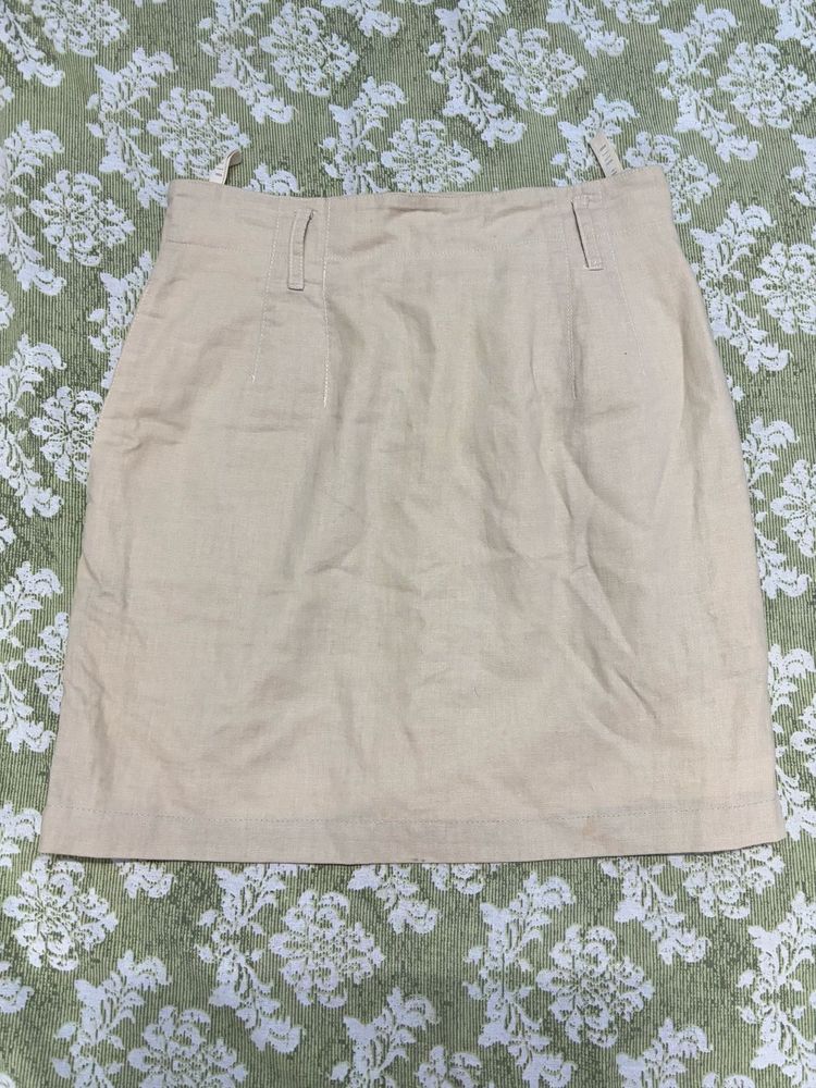 Beige Linen Blend Mini Skirt