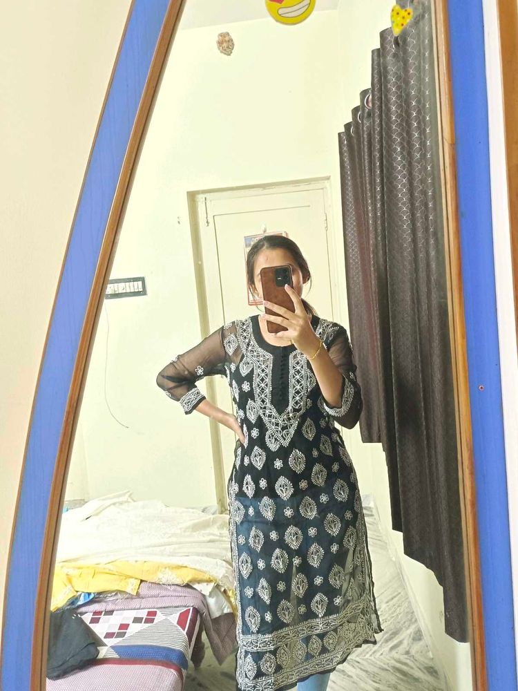 Black &amp; White Embroidered Kurti